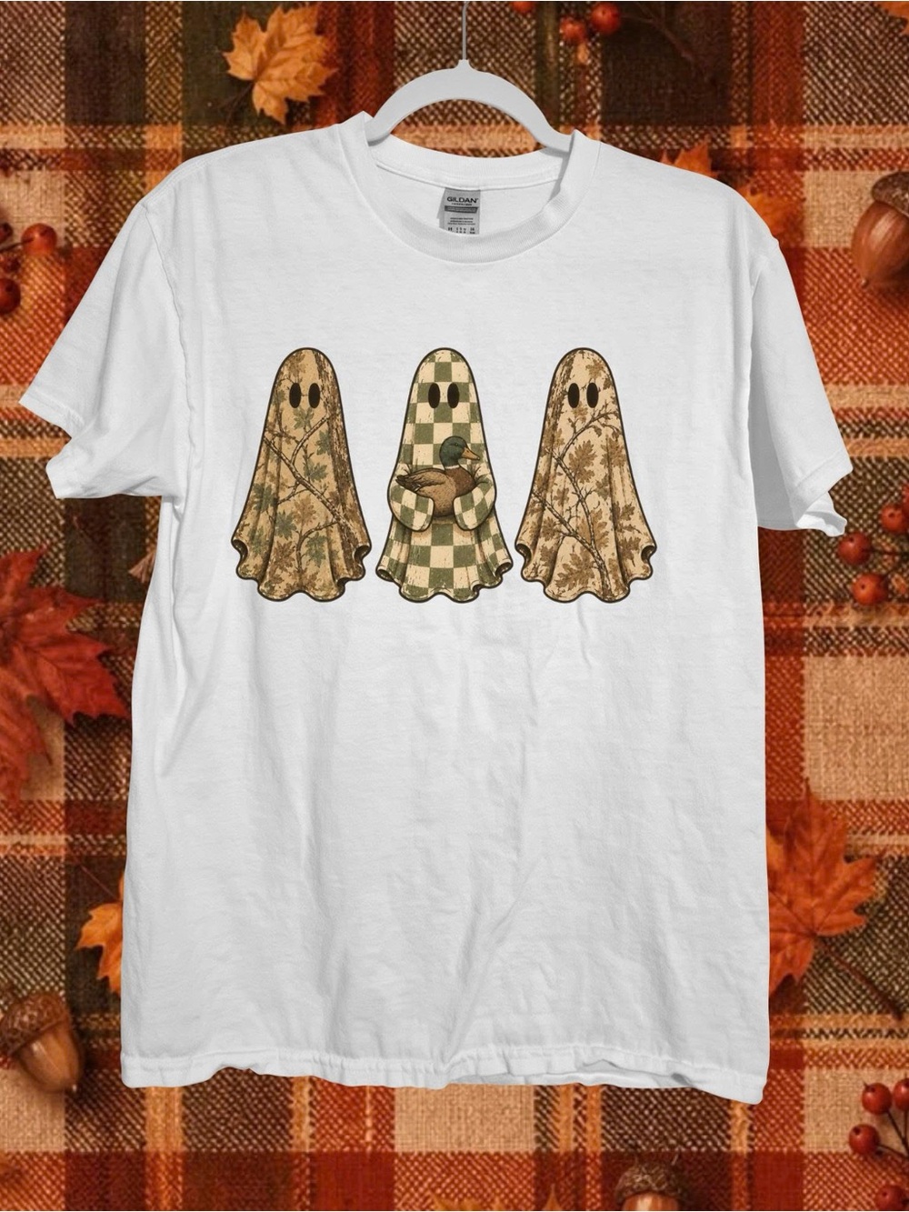 Gildan White Tee with Plaid & Leaf Ghost Trio Graphic
